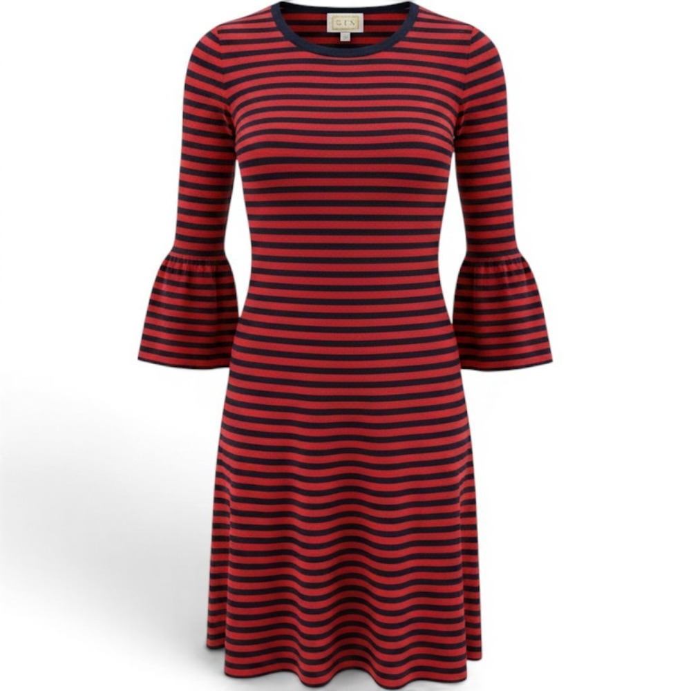 Sail to Sable Dress Womens XL Red Navy Blue Striped Bell Sleeve Knit Fit Flare